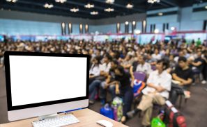 Computer set showing the white screen over the Abstract blurred